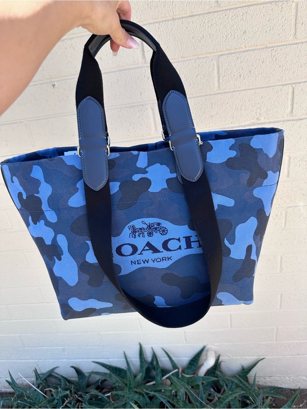 Coach Blue Camo Canvas Tote with Black Webbing Handles